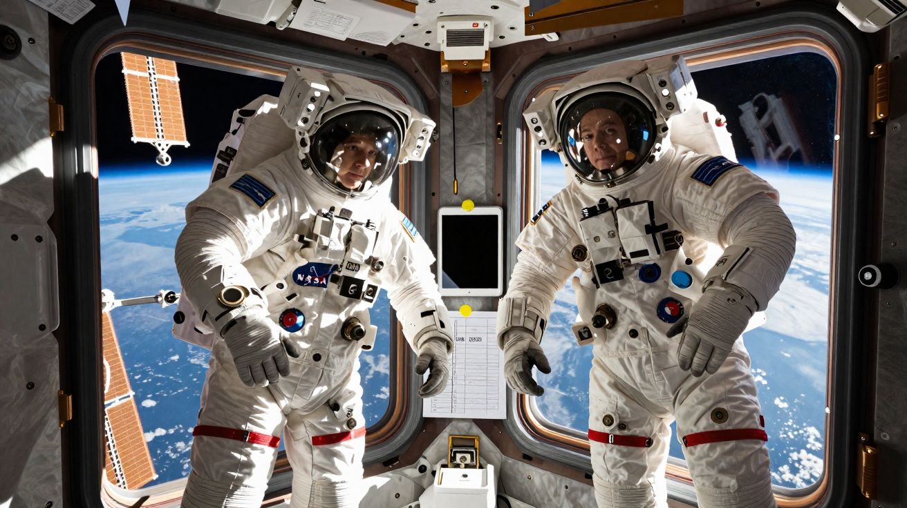 Dois astronautas em fato espacial dentro da Estação Espacial Internacional com a Terra ao fundo.