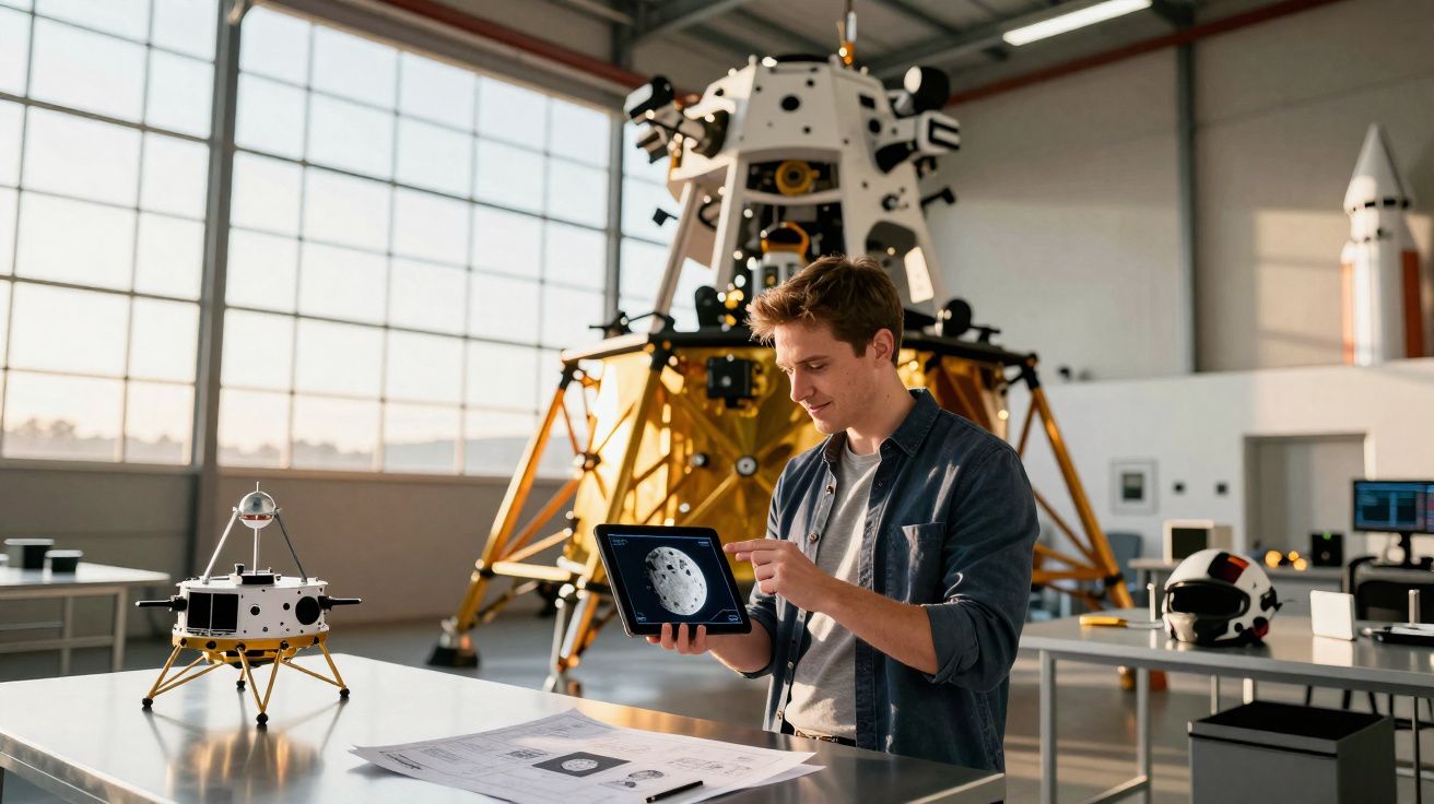 Homem aponta para tablet com imagem da lua numa sala com modelos de módulos lunares e capacete.