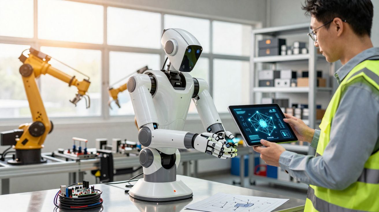 Engenheiro controla robot colaborativo com tablet numa fábrica tecnológica moderna.