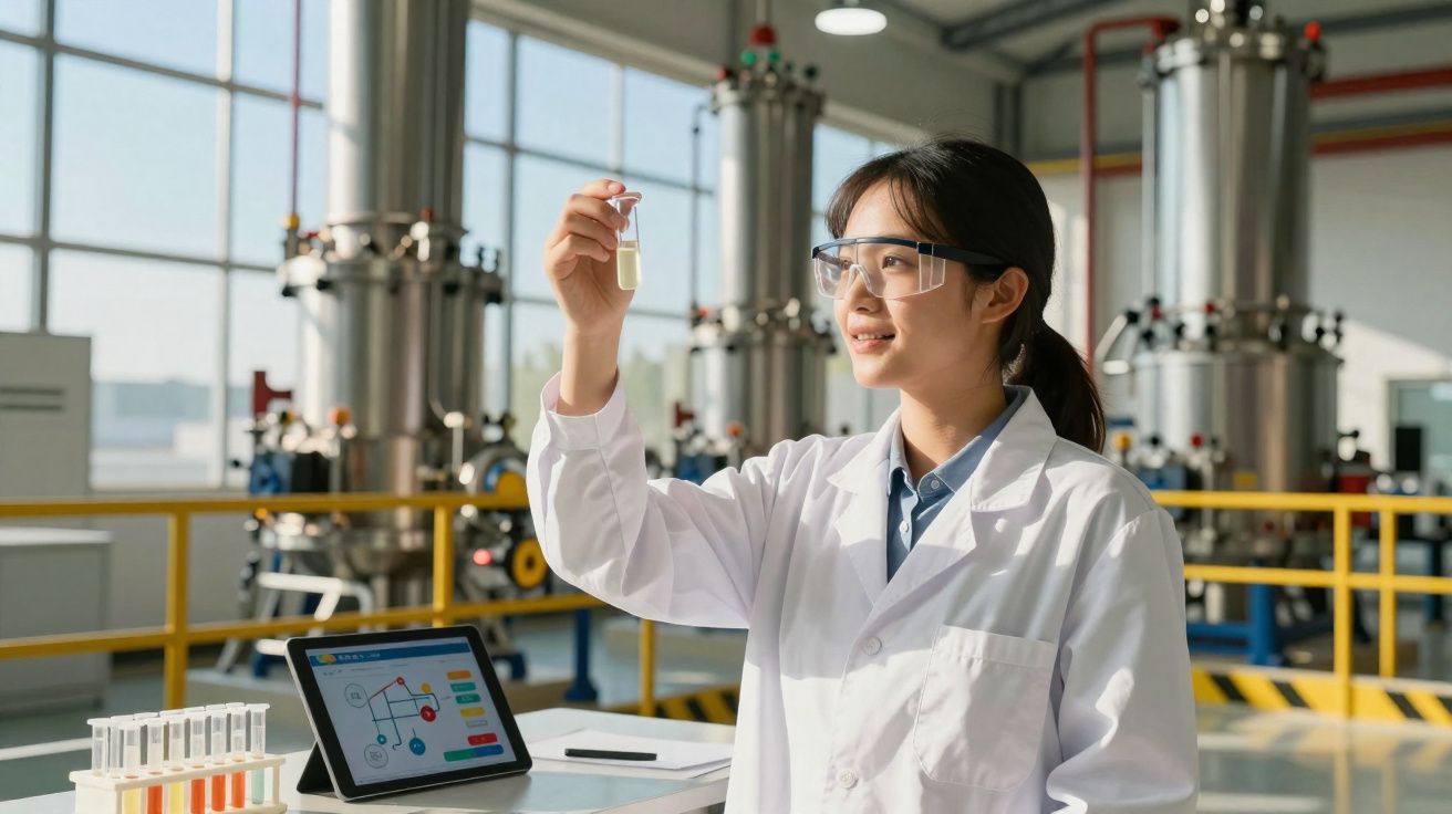 Cientista em laboratório industrial a analisar tubo de ensaio com equipamento tecnológico e tubos coloridos.