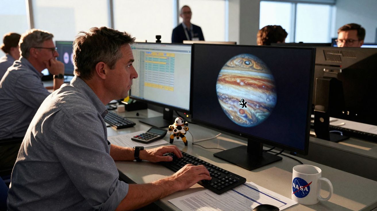 Homem a trabalhar em escritório com monitor a exibir imagem do planeta Júpiter e caneca da NASA na secretária.