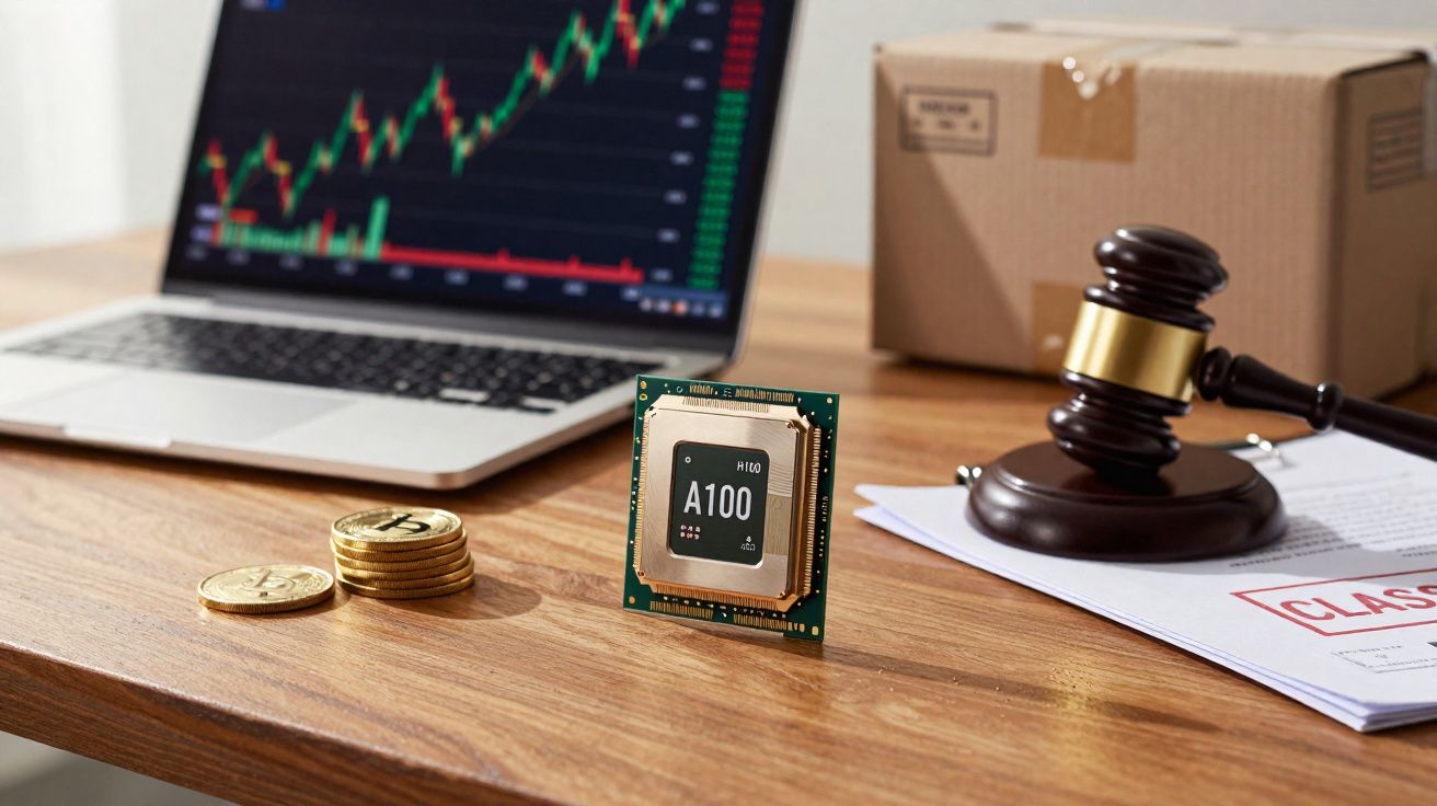 Mesa com moedas de bitcoin, processador A100, martelo de juiz, documentos e portátil com gráfico financeiro.