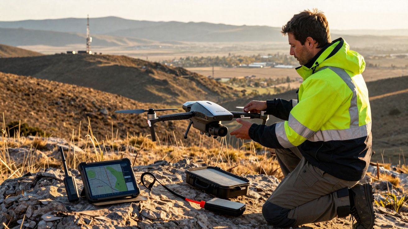 Homem com colete refletor ajusta drone sobre rocha com equipamento tecnológico em colina ao pôr do sol.