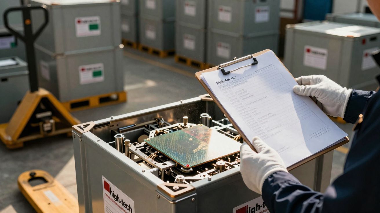 Pessoa com luvas a inspecionar componente eletrónico numa caixa industrial num armazém.