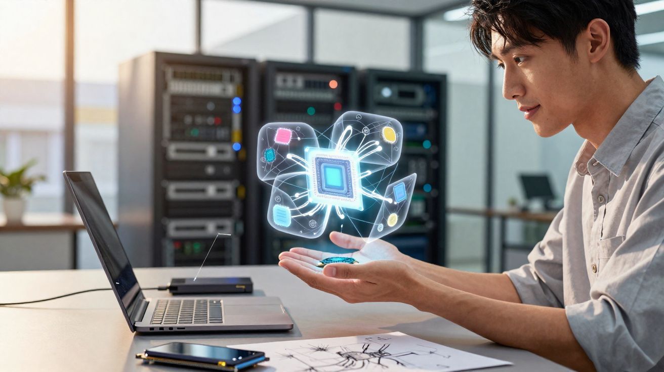 Homem jovem a interagir com holograma de chip e ícones digitais numa sala de servidores moderna.