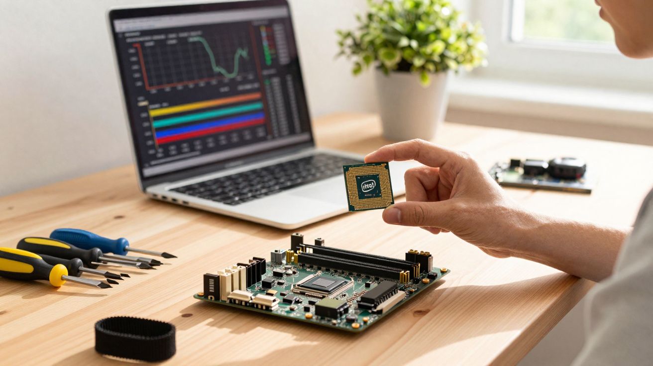 Pessoa a instalar um processador numa placa-mãe com computador portátil e ferramentas numa mesa de madeira.