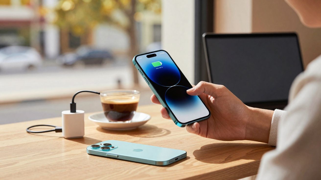 Pessoa segurando telemóvel a carregar sem fios num café, com outro telemóvel e café na mesa de madeira.