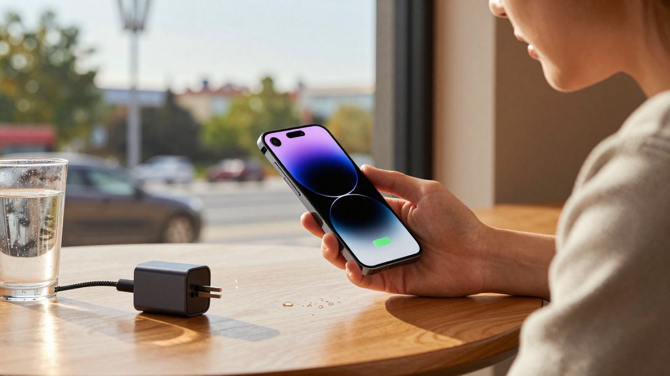 Pessoa segurando um telemóvel a carregar numa mesa de madeira perto de um copo de água.