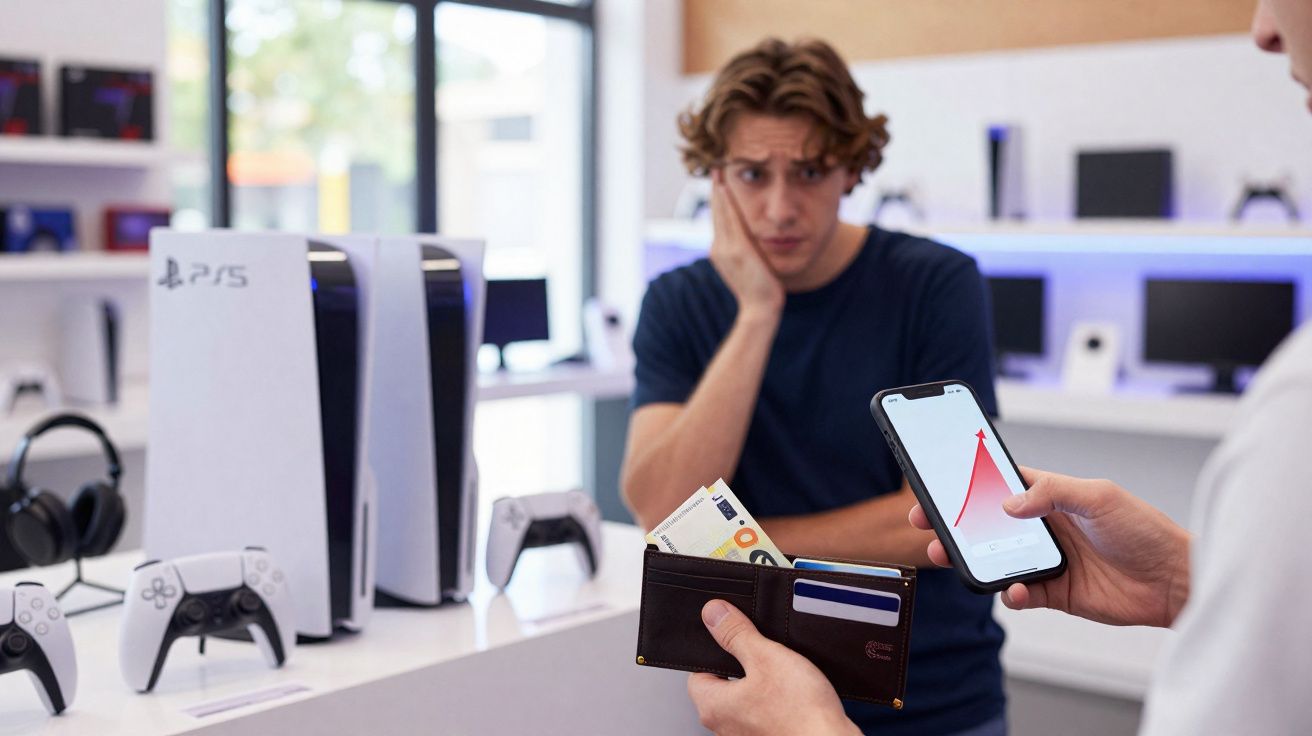 Homem preocupado ao olhar para consola PS5 numa loja enquanto outra pessoa segura telemóvel e carteira com dinheiro.