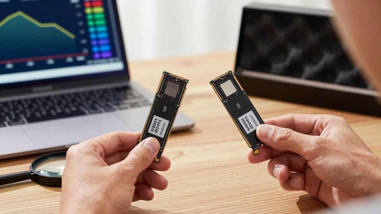 Pessoa a segurar dois módulos de memória RAM diante de um computador portátil com gráfico visível.