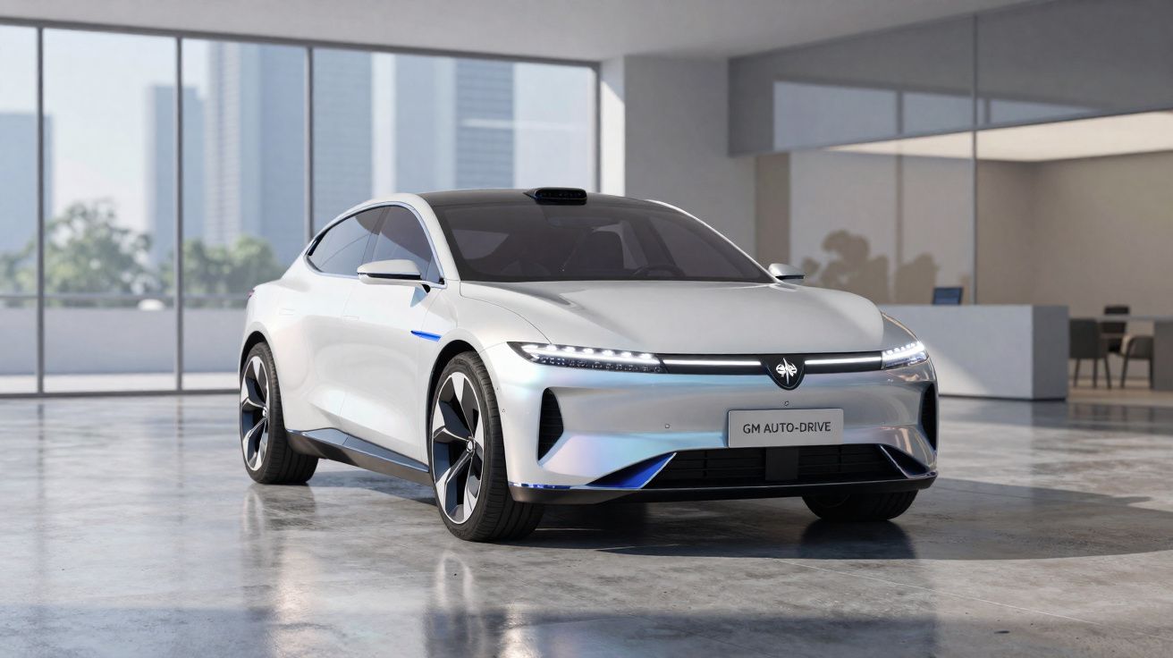 Carro elétrico branco moderno estacionado num espaço interior com janelas grandes e luz natural.