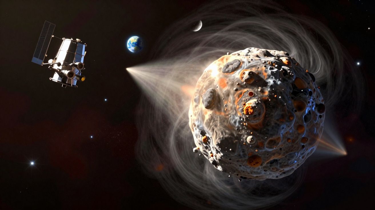 Sonda espacial a estudar um asteroide gigante com a Terra e a Lua ao fundo no espaço.