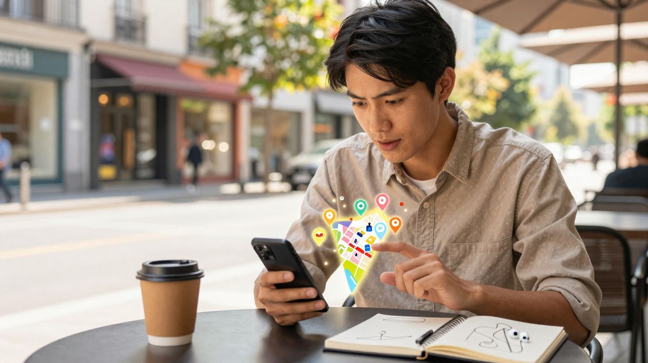 Homem sentado numa esplanada, usando smartphone com ícones digitais de mapas e localização visíveis.