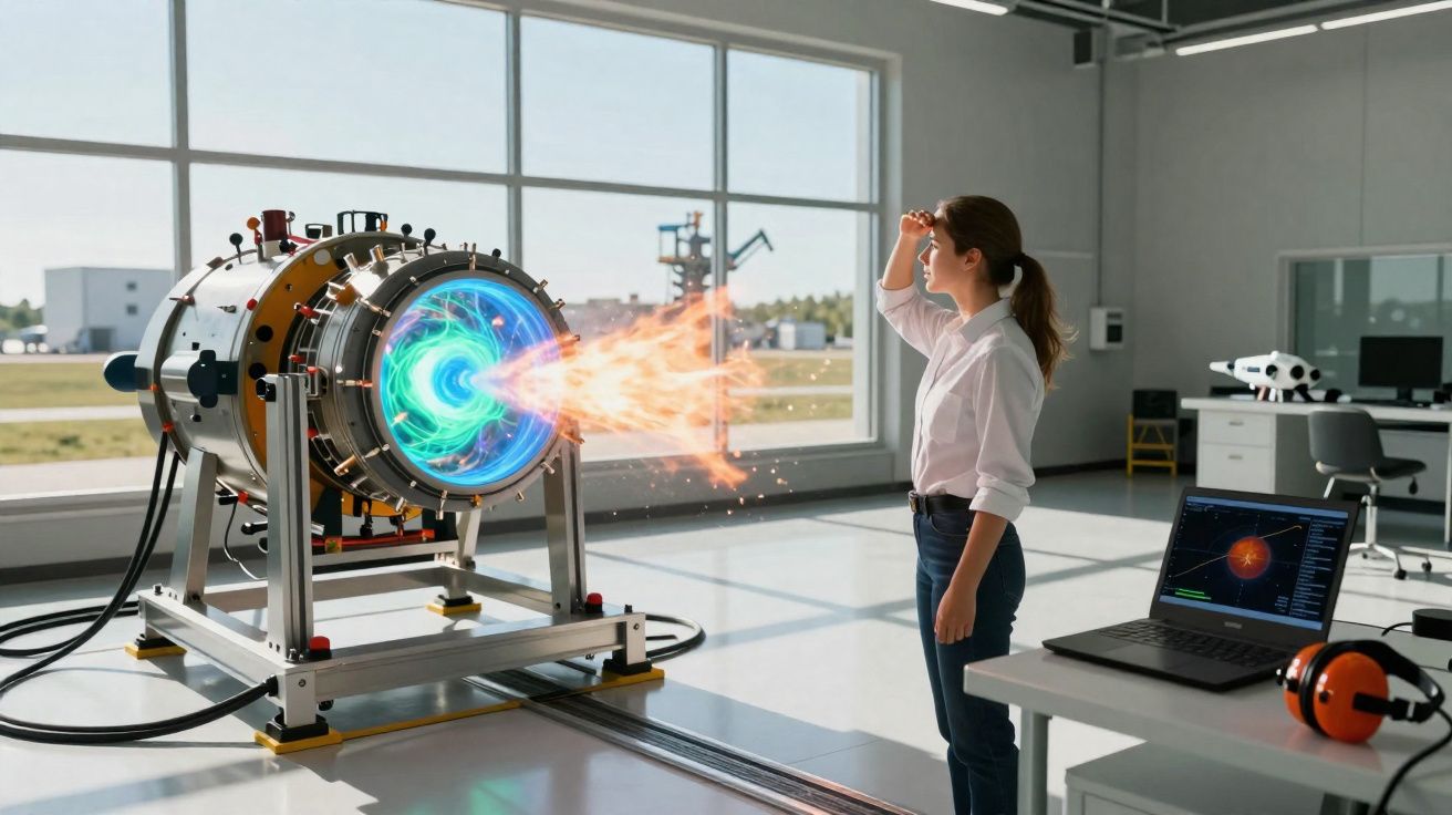 Mulher a observar máquina futurista que emite fogo azul numa sala de laboratório moderna e iluminada.