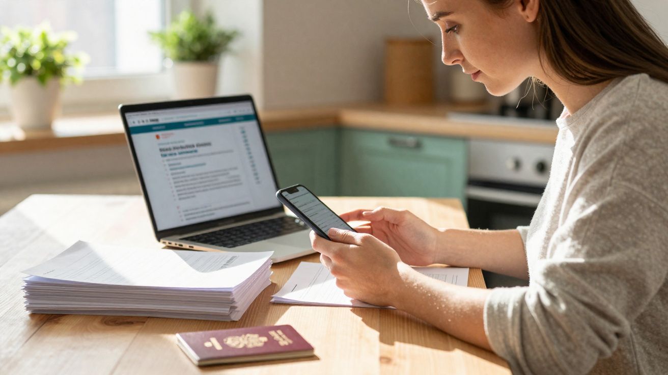 Mulher sentada a trabalhar numa mesa com telemóvel, computador portátil, documentos e passaporte.
