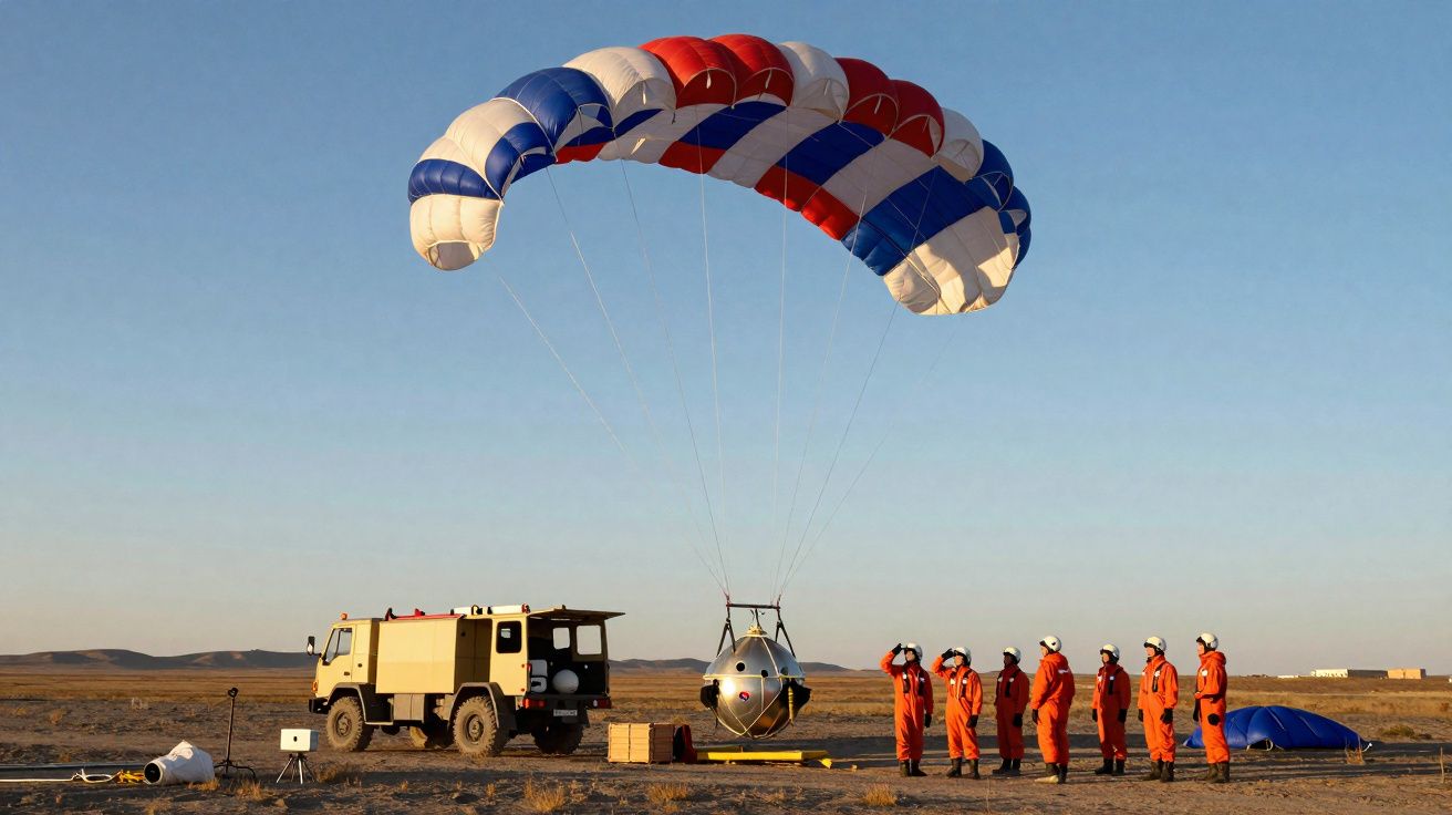 Equipa de sete pessoas em fato laranja observa cápsula com paraquedas vermelho, branco e azul num terreno árido.