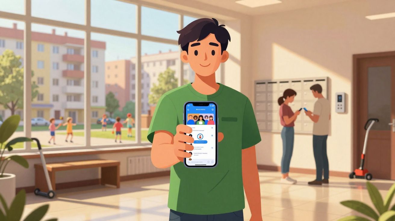 Jovem a mostrar uma aplicação no telemóvel numa entrada luminosa de prédio com pessoas e crianças ao fundo.