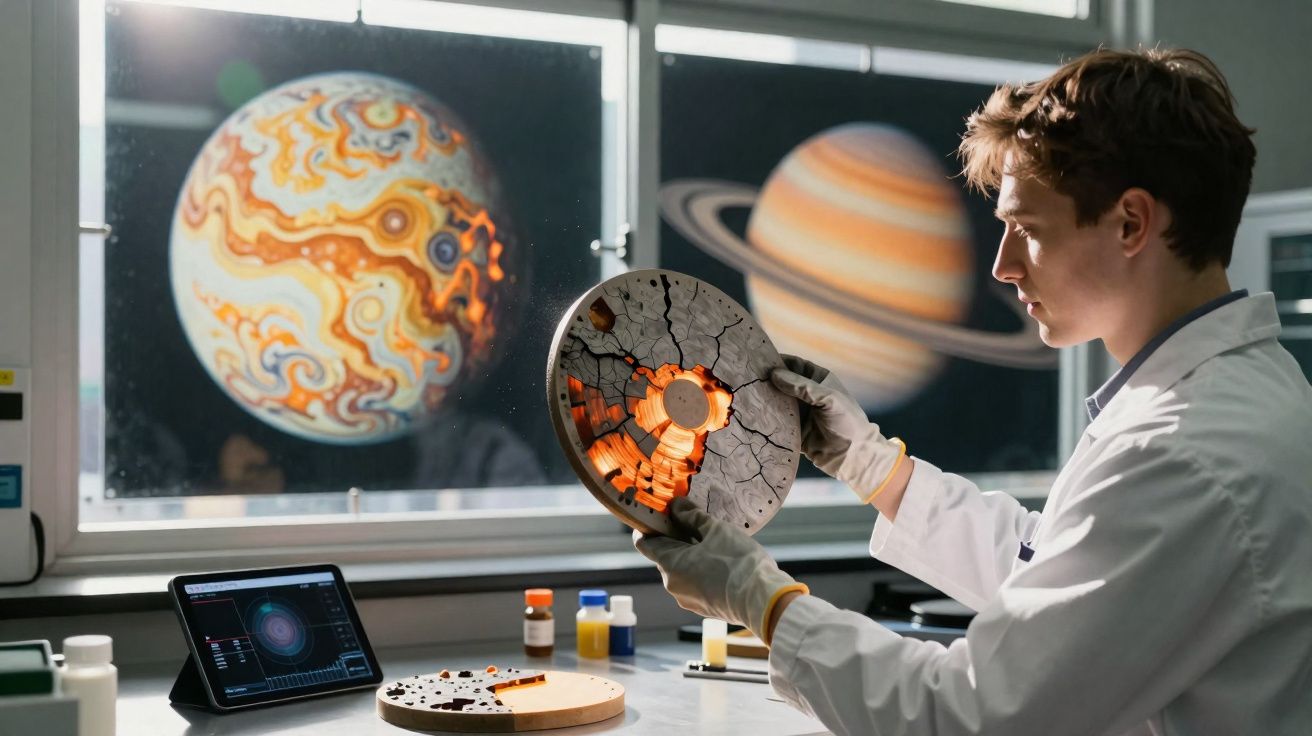 Cientista observa disco com textura de planeta e lava num laboratório com imagens de planetas ao fundo.