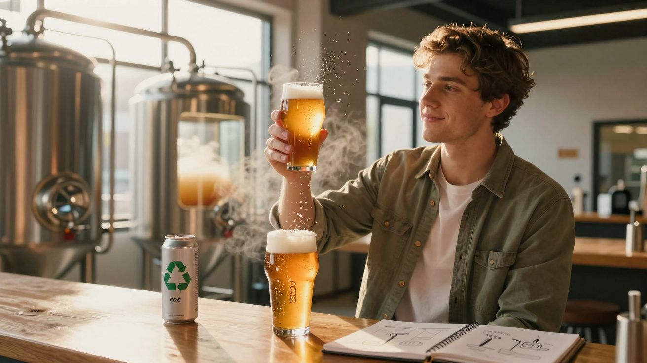 Homem a segurar copo de cerveja dourada numa cervejaria, com livro aberto e lata reciclável na mesa.