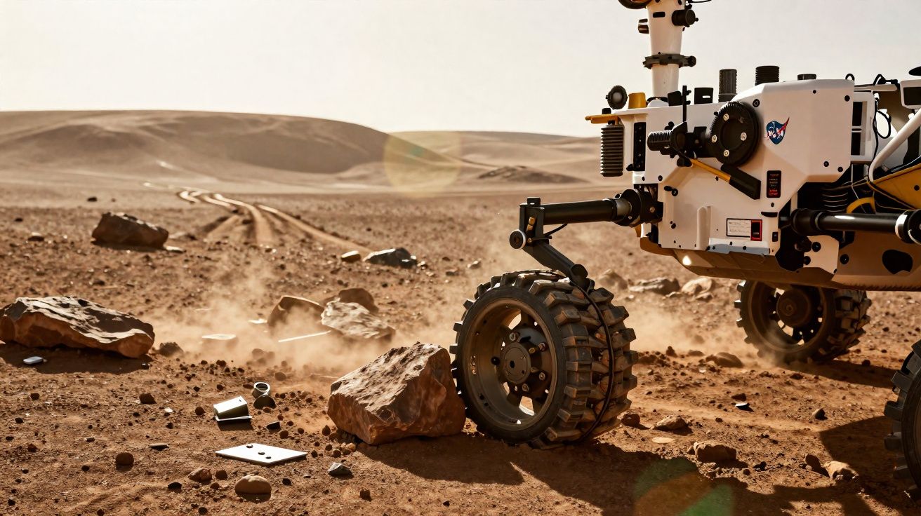 Rover da NASA a explorar terreno rochoso e árido num ambiente que parece Marte.