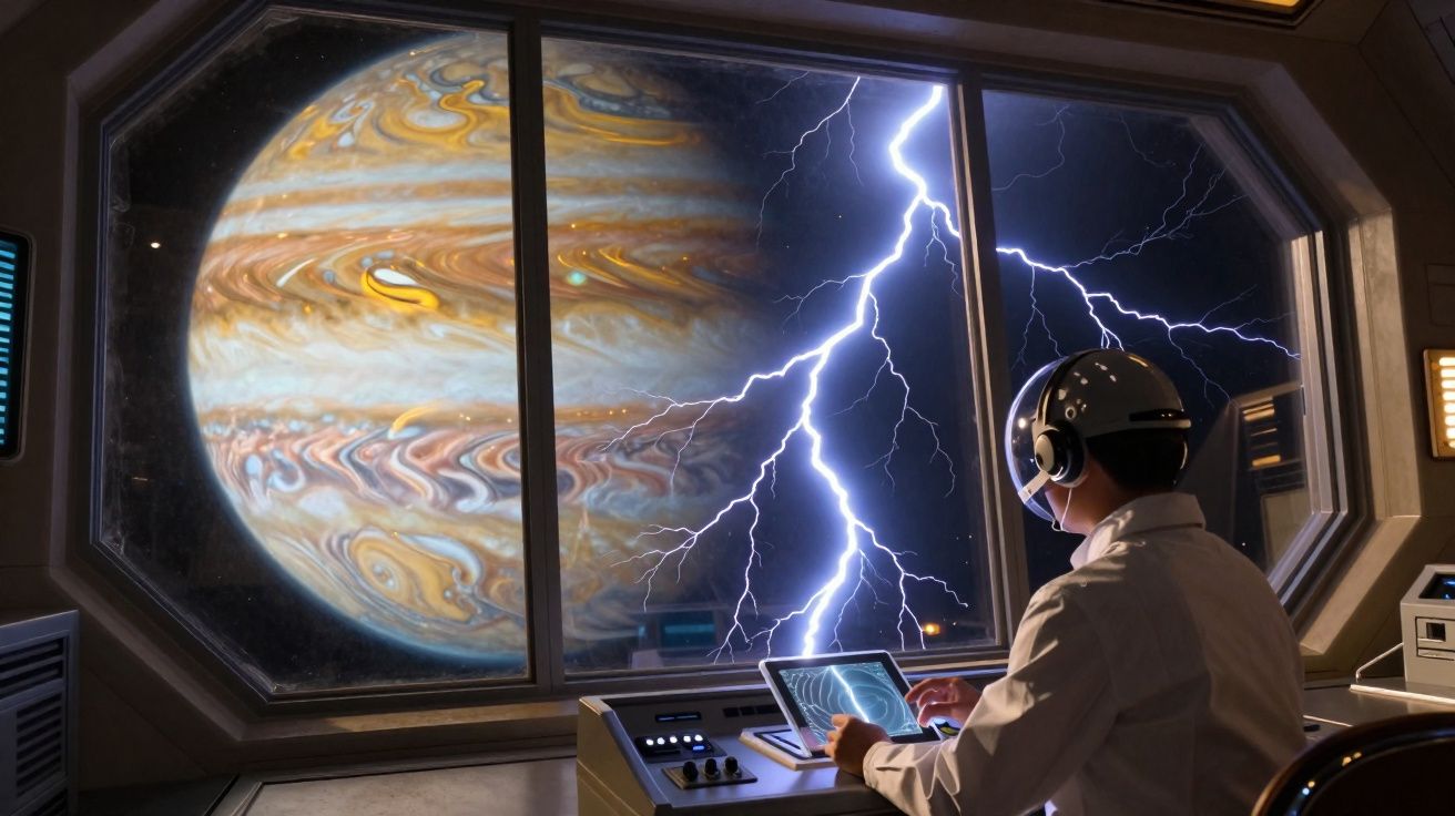 Astronauta observa gigantesca tempestade elétrica no planeta Júpiter através de janela espacia.