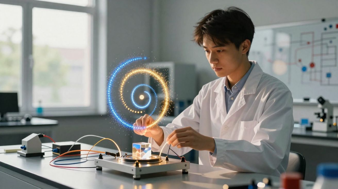 Homem num laboratório a realizar experimento com equipamento elétrico e holograma em espiral colorida.