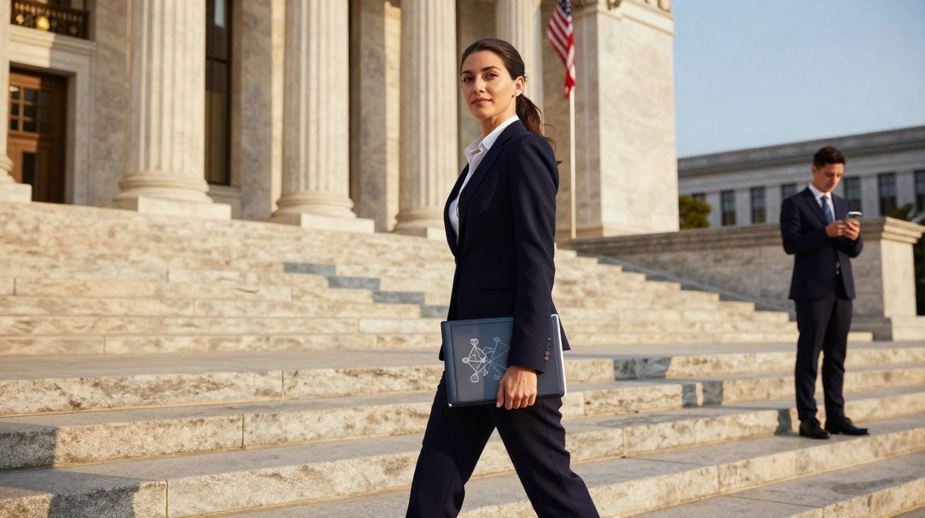 Mulher de fato formal a subir escadas de edifício governamental, com tablets na mão, homem ao fundo a usar telemóvel.