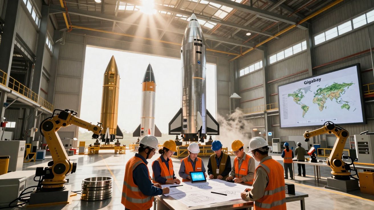 Engenheiros com equipamentos de segurança analisam planos num laboratório com três foguetes e braços robóticos.