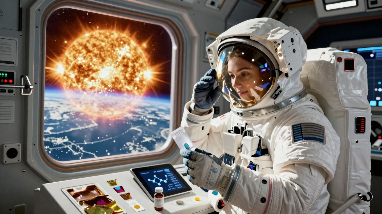 Astronauta a bordo de nave espacial a observar amostra, com o sol e a Terra visíveis pela janela.