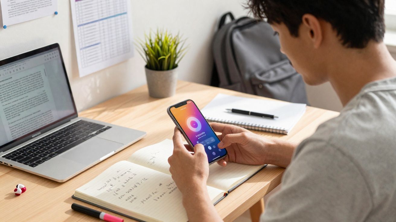 Pessoa sentada numa secretária a usar telemóvel com computador portátil, caderno e canetas à frente.