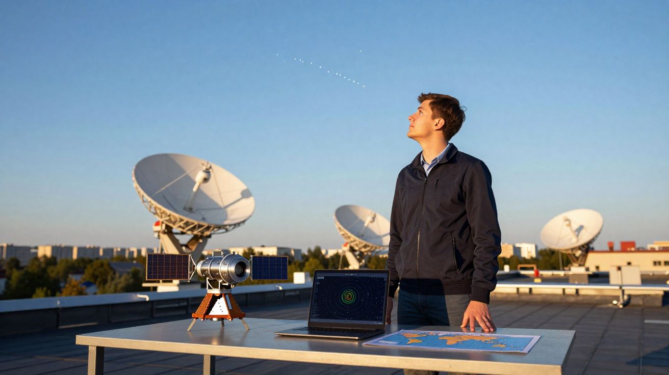 Homem observa céu numa antena de radiotelescópio com computador e mapa numa mesa externa ao pôr do sol.