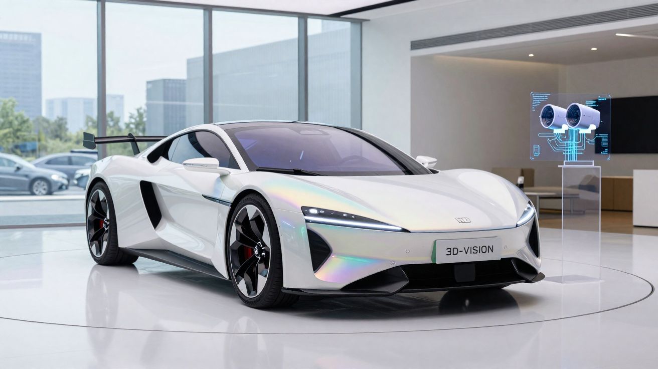 Automóvel desportivo branco futurista exposto em sala moderna com vidros grandes e holograma ao lado.