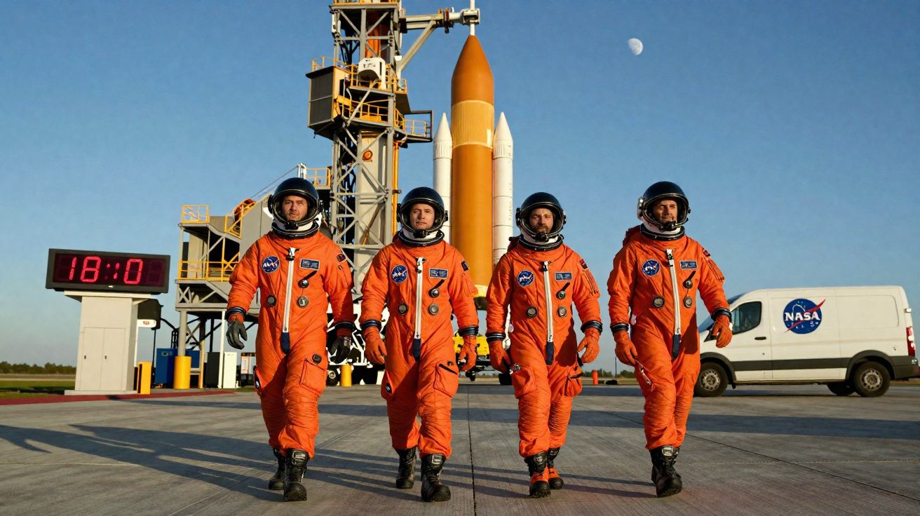 Quatro astronautas em fatos laranja caminham em direção à plataforma de lançamento com foguetão e van NASA ao fundo.