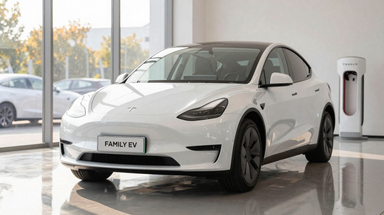 Carro elétrico branco Tesla Family EV estacionado em showroom moderno com carregador ao fundo.