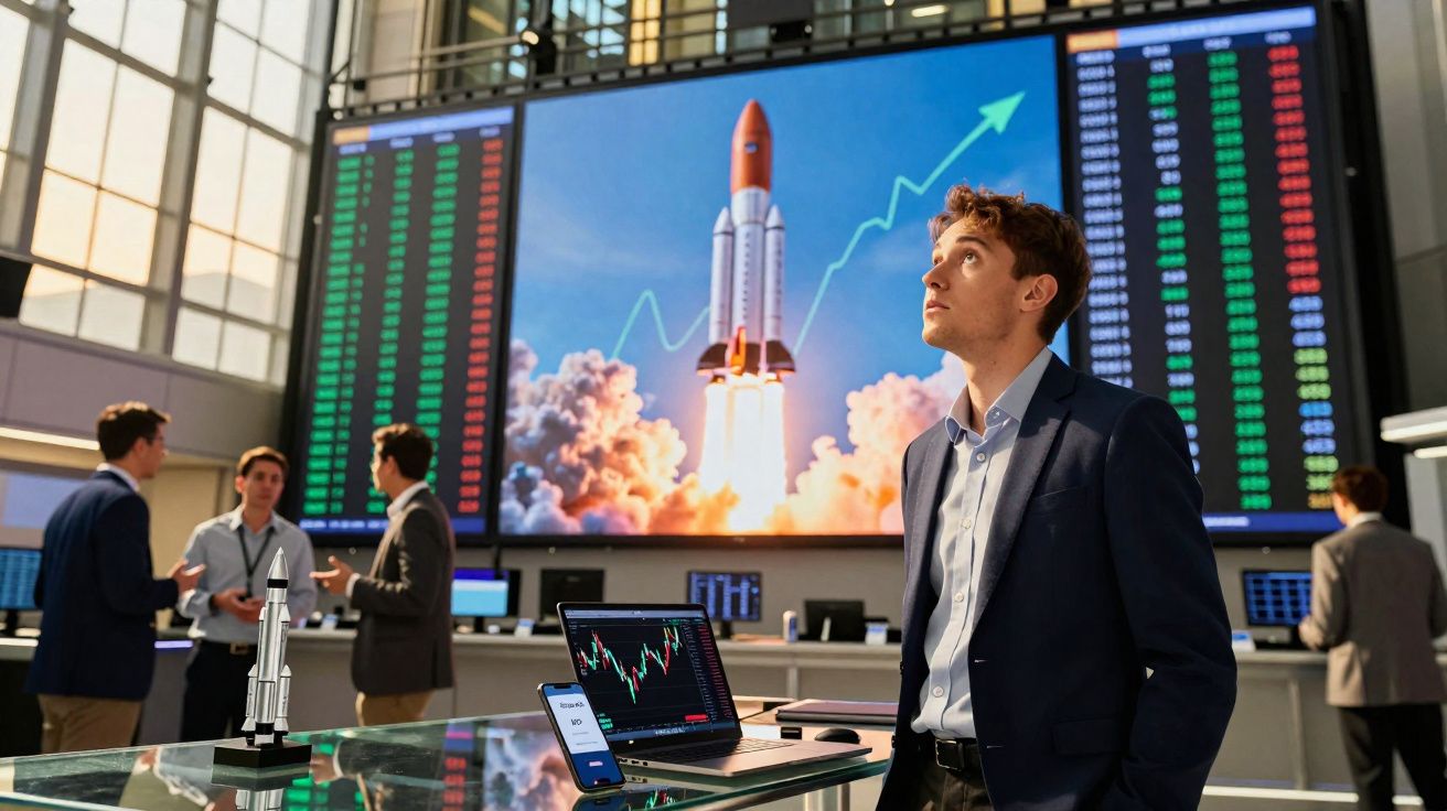 Jovem de fato observa gráfico de foguete a subir em ecrã digital numa sala de mercado financeiro.