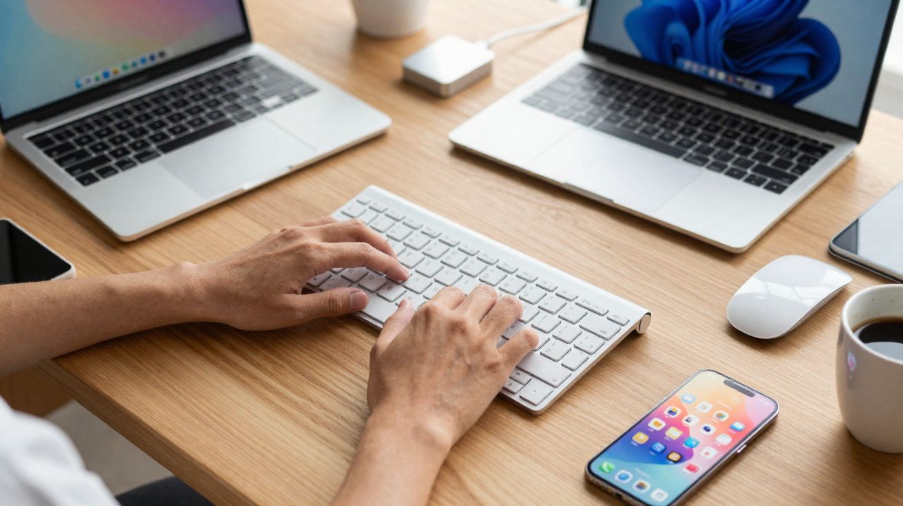 Mãos a digitar num teclado sem fios numa secretária com dois portáteis, telemóvel, rato e chávena de café.