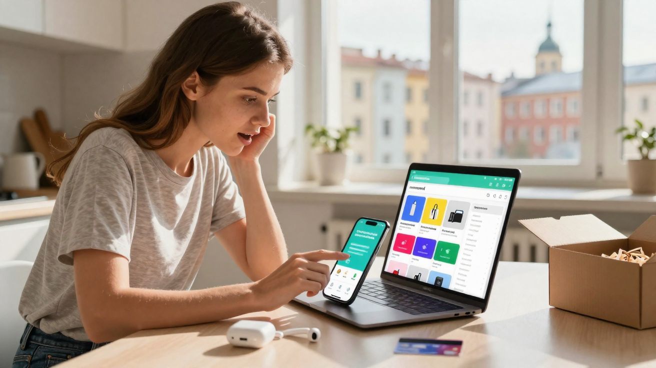 Mulher jovem usa telemóvel e portátil numa mesa, numa sala clara com janela ampla e cidade ao fundo.