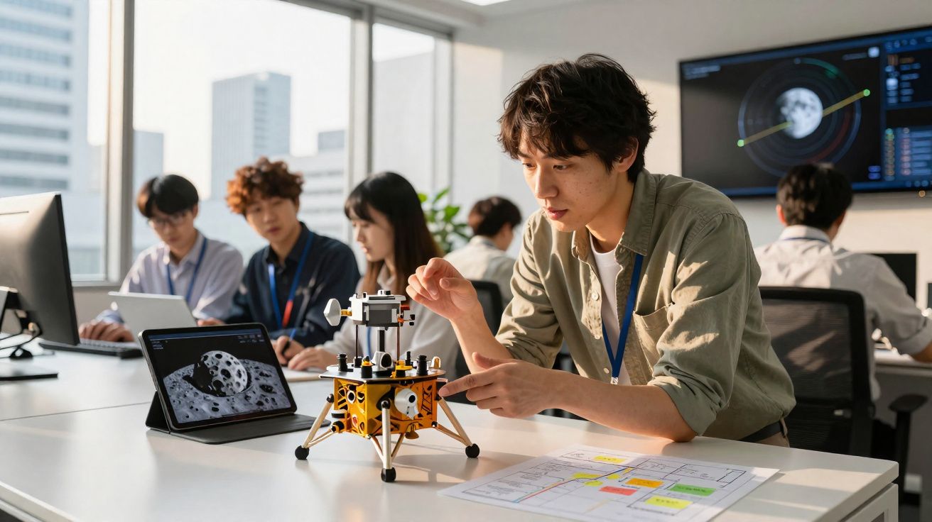 Jovem a trabalhar num modelo de sonda lunar numa sala com colegas ao fundo e ecrã com imagens espaciais.