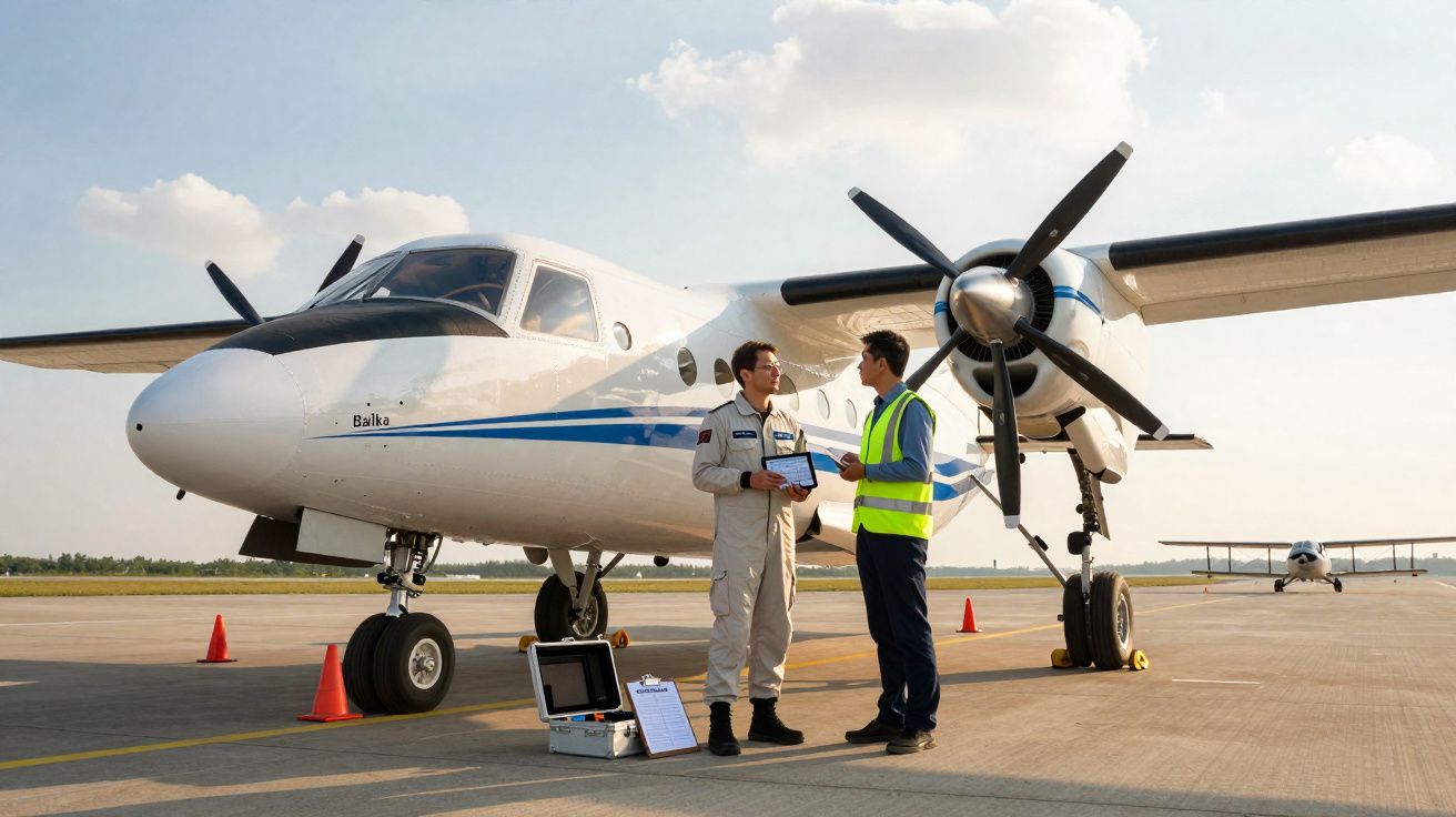 Dois homens a falar junto a um avião de hélice na pista de um aeroporto sob céu parcialmente nublado.