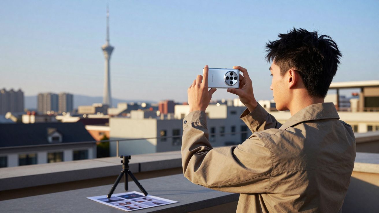 Homem tira foto com smartphone no terraço de edifício urbano ao pôr do sol.