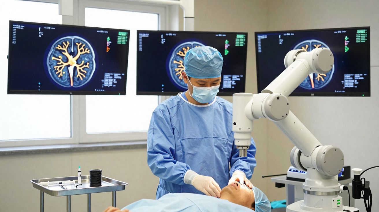 Cirurgião com equipamento robótico realiza procedimento ocular em paciente num centro médico moderno.