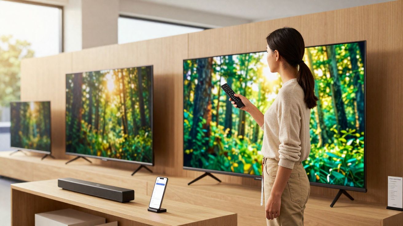 Mulher com comando na mão a ver televisão com imagem de floresta numa loja de eletrónica.