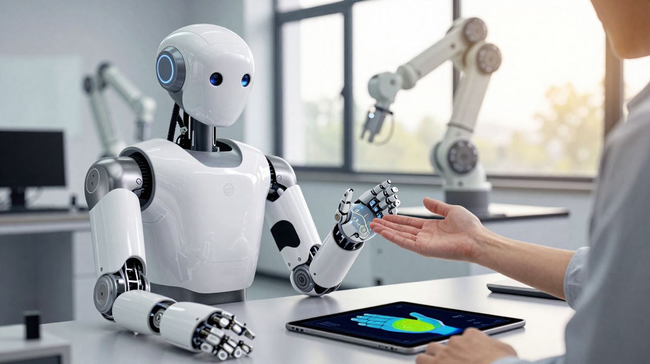 Robô branco moderno interagindo com mãos humanas numa mesa com tablet digital num ambiente tecnológico.