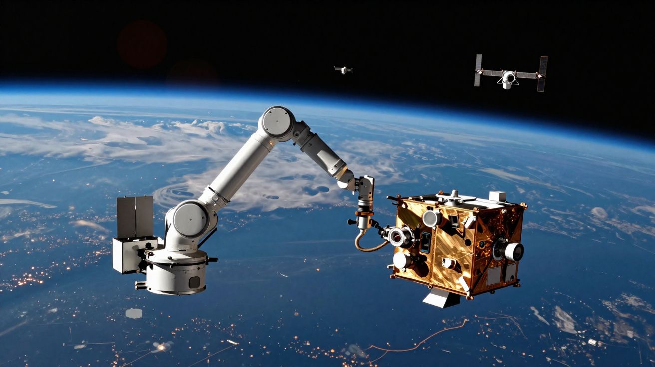 Braço robótico do robô espacial Canadarm2 na Estação Espacial Internacional com a Terra ao fundo.