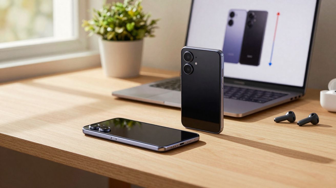 Dois smartphones pretos, auriculares sem fios e portátil numa mesa de madeira junto a uma janela com luz natural.