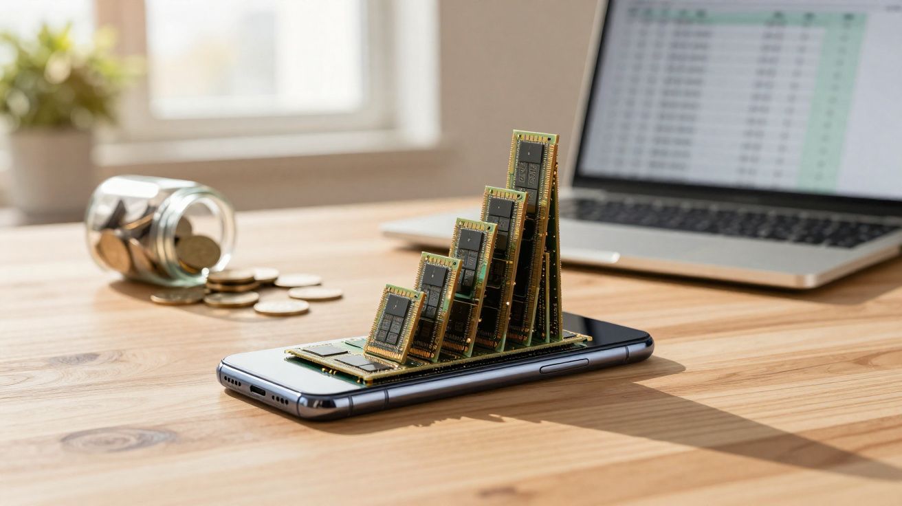 Chipsets de memória RAM escalonados em formato de gráfico sobre um telemóvel numa mesa com um portátil ao fundo.