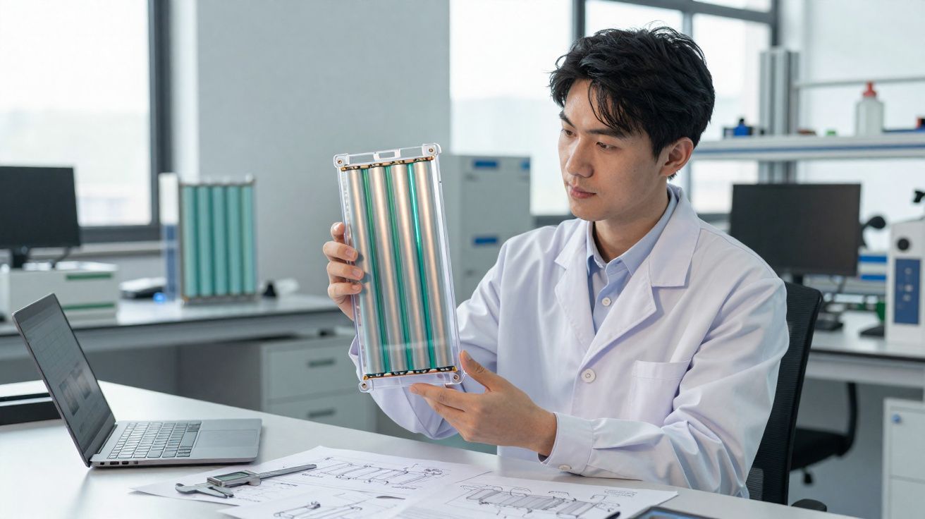 Homem com bata branca examina componente metálico numa sala de laboratório moderna com laptop e desenhos técnicos.