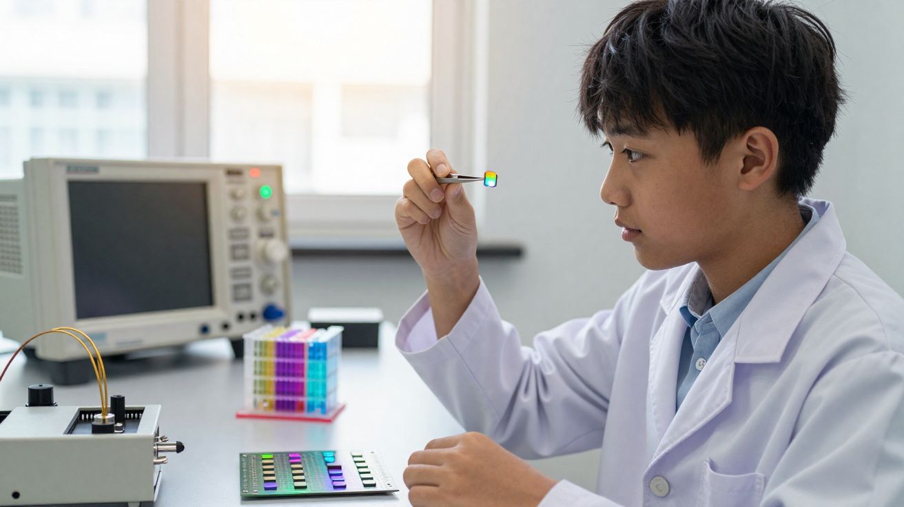 Jovem cientista em bata branca examina chip colorido num laboratório com equipamentos eletrónicos.