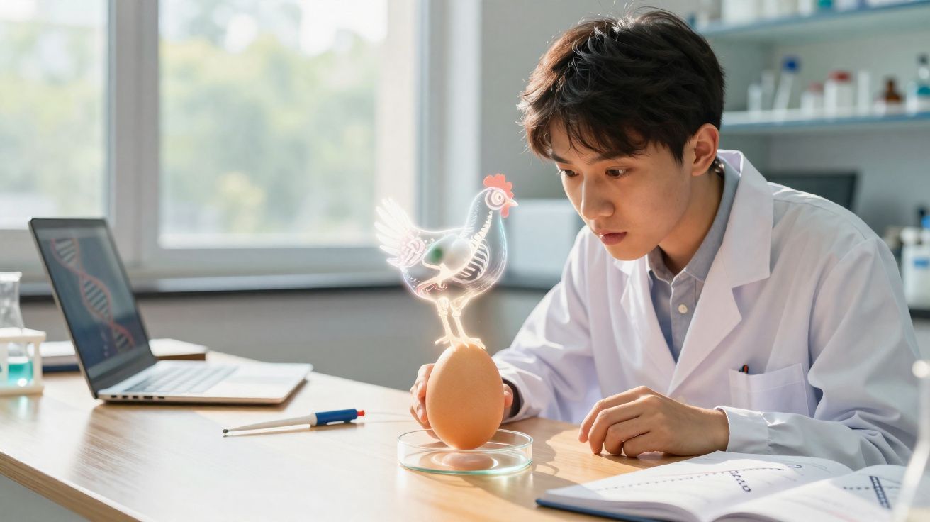 Investigador em laboratório observa ovo com holograma de galinha sobre a mesa de trabalho.
