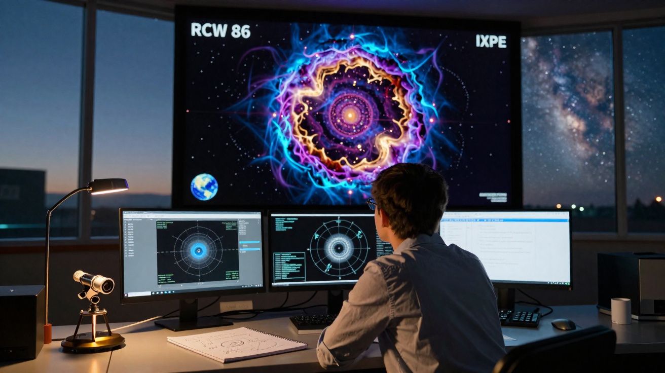 Pessoa a analisar dados astronómicos em múltiplos ecrãs com gráficos e uma imagem cósmica colorida.